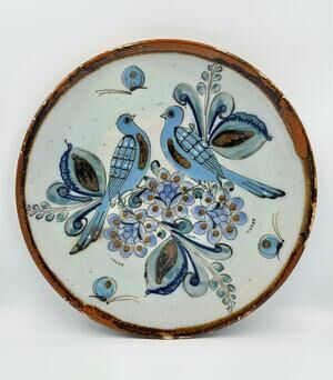 1950s Folk-Art Ken Edwards Tonala Pottery Hand Painted Bird Serving Chop Plate